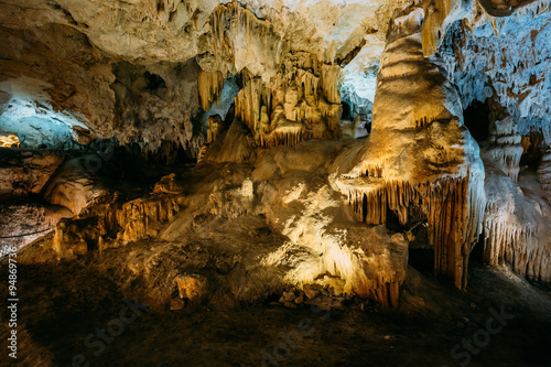 Stalactites and stalagmites in the famous Nerja Caves, In Nerja,