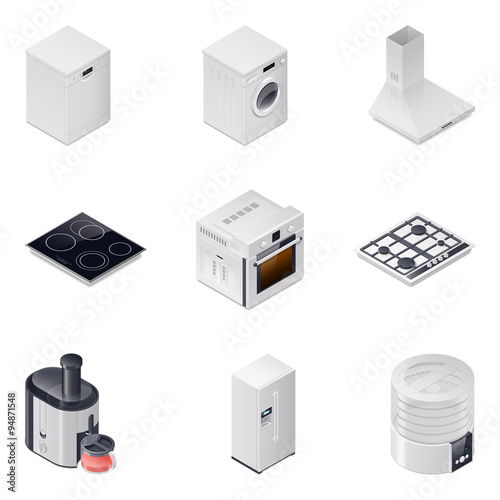 Household appliances detailed isometric icons set, part 1