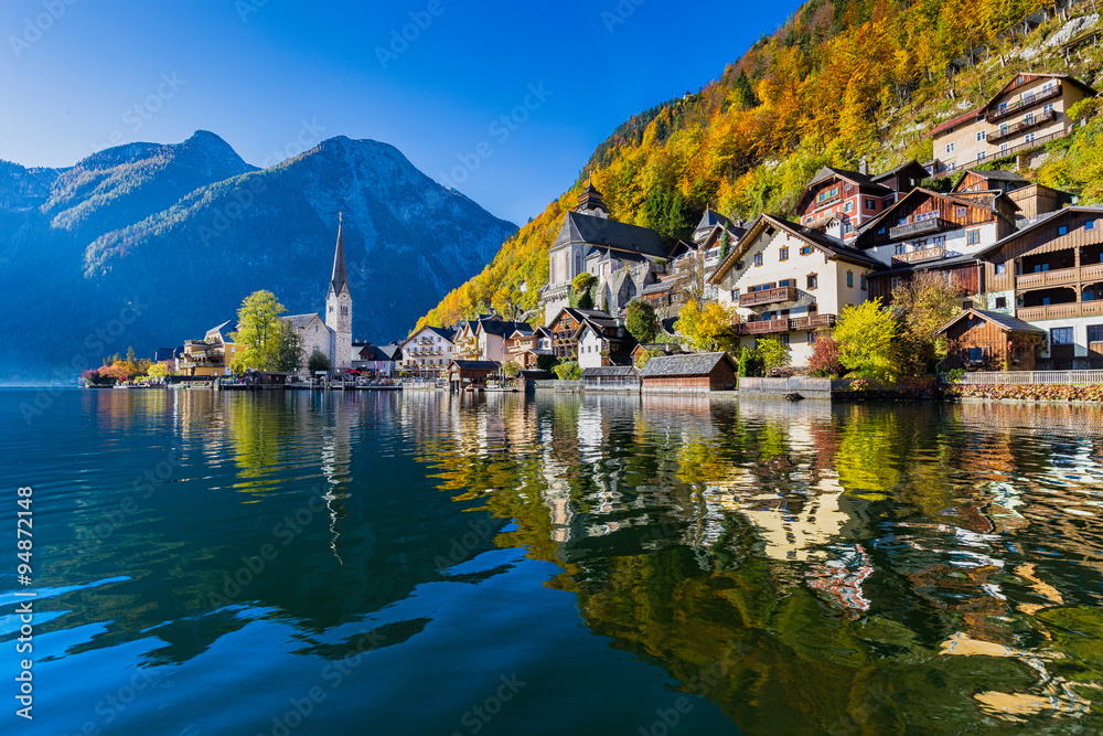 Hallstatt mountain village in fall, Salzkammergut, Austria