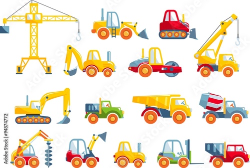 Set of toys heavy construction machines in a flat style.