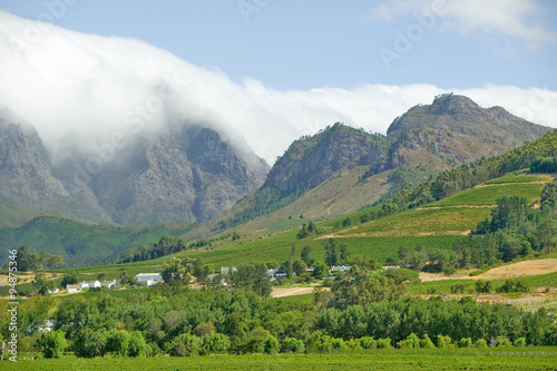 Clouds cover mountains in Stellenbosch wine region, outside of Cape Town, South Africa