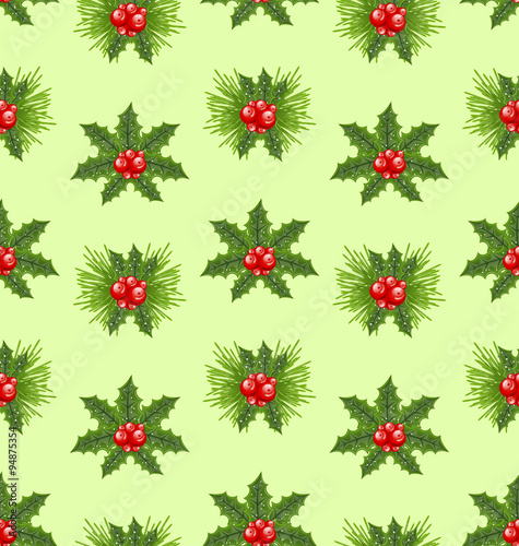 Seamless Pattern Christmas Holly Berry