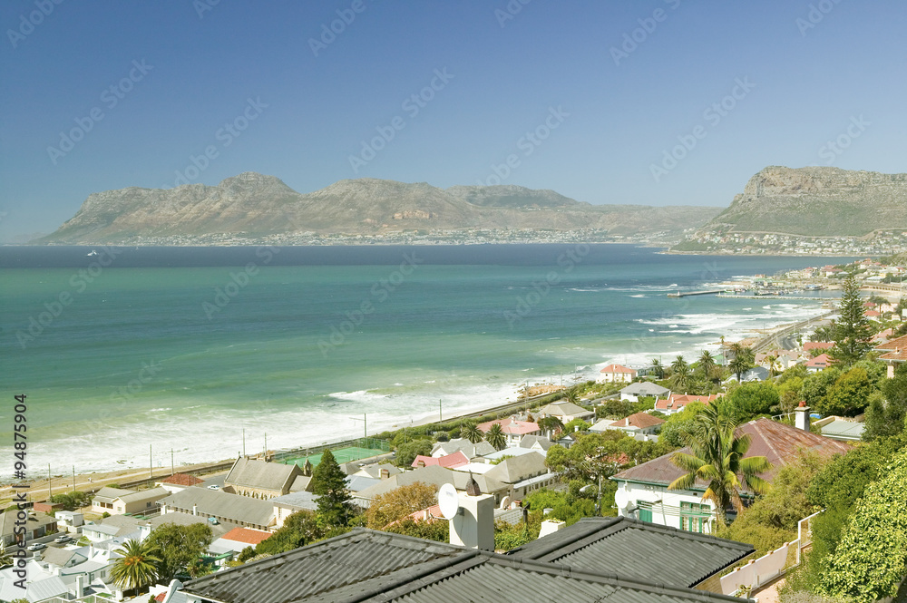 Elevated view of False Bay and Indian Ocean, overlooking St. James and Fish Hoek, outside of Cape Town, South Africa