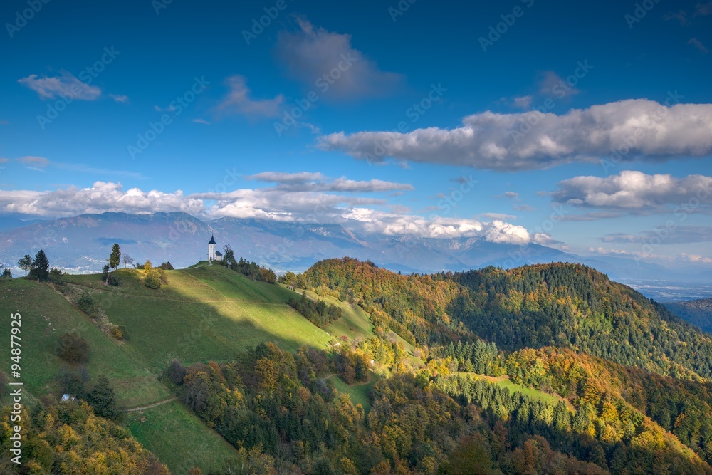 Church in the mountains in Autumn
