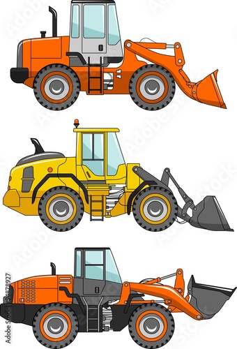 Set of wheel loaders isolated on white background in flat style. Heavy construction machines. Vector illustration