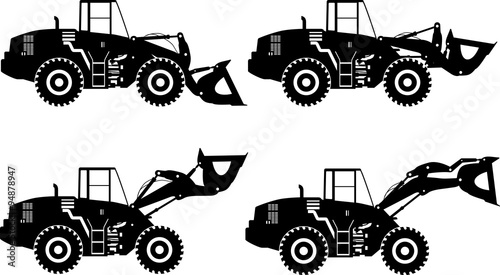 Set of silhouette wheel loaders isolated on white background. Heavy construction machines. Vector illustration
