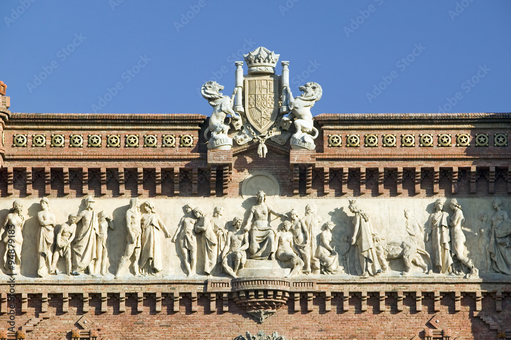 Fototapeta premium Detail shot of Arc de Triumf: L'Arc de Triumph, by Josep Vilaseca I Casanovas, in Barcelona, Spain was built in 1888 as part of the Universal Exposition