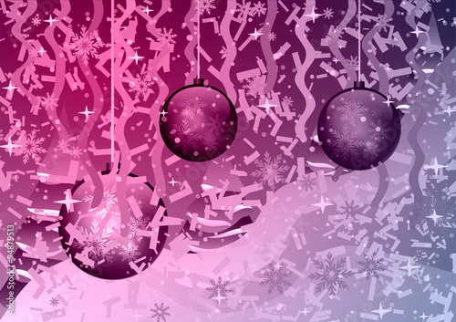 Vector illustration in purple. Christmas trees, ribbons, balls, ice, confetti and snow.