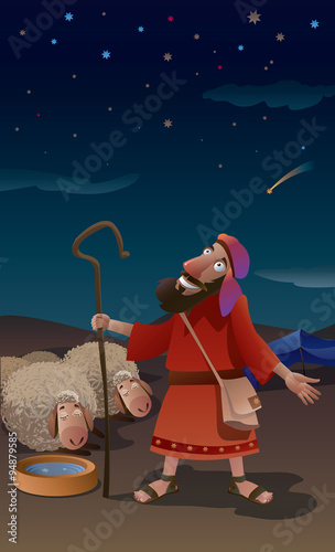 Illustration Abraham tending a flock of sheep at night looking at the starry sky.