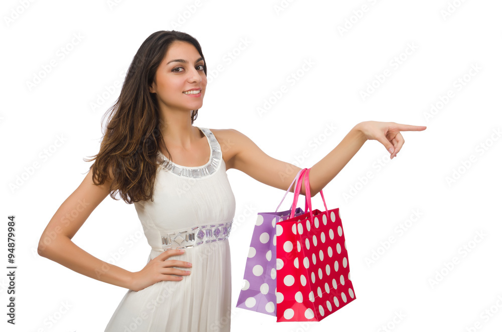 Woman in shopping concept isolated on white Woman in shopping concept isolated on white