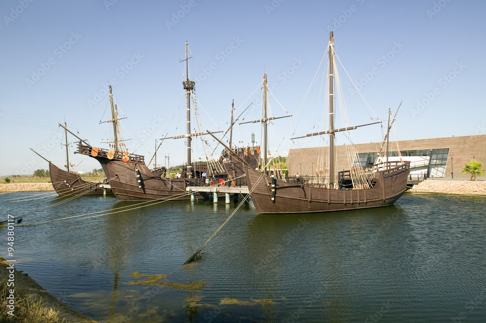Full size replicas of Christopher Columbus' ships, the Santa Maria, the Pinta or the Ni–a at Muelle de las Carabelas, Palos de la Frontera - La R‡bida, the Huelva Provence of Andalucia and Southern Spain, the site where Columbus departed from the Old World to the New World in August 3 of 1492