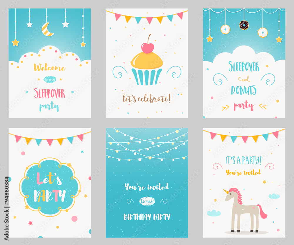 Vector Set of Birthday and Sleepover Kids Party Invitations Stock ...