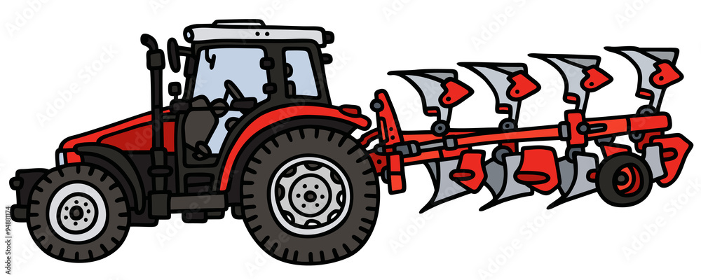 Red tractor with a plow / Hand drawing, not a real model