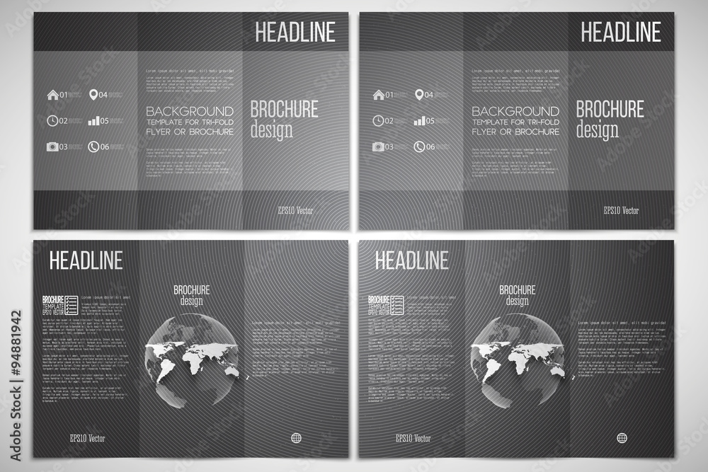 custom made wallpaper toronto digitalVector set of tri-fold brochure design template on both sides with world globe element. Dark design, textured vector background