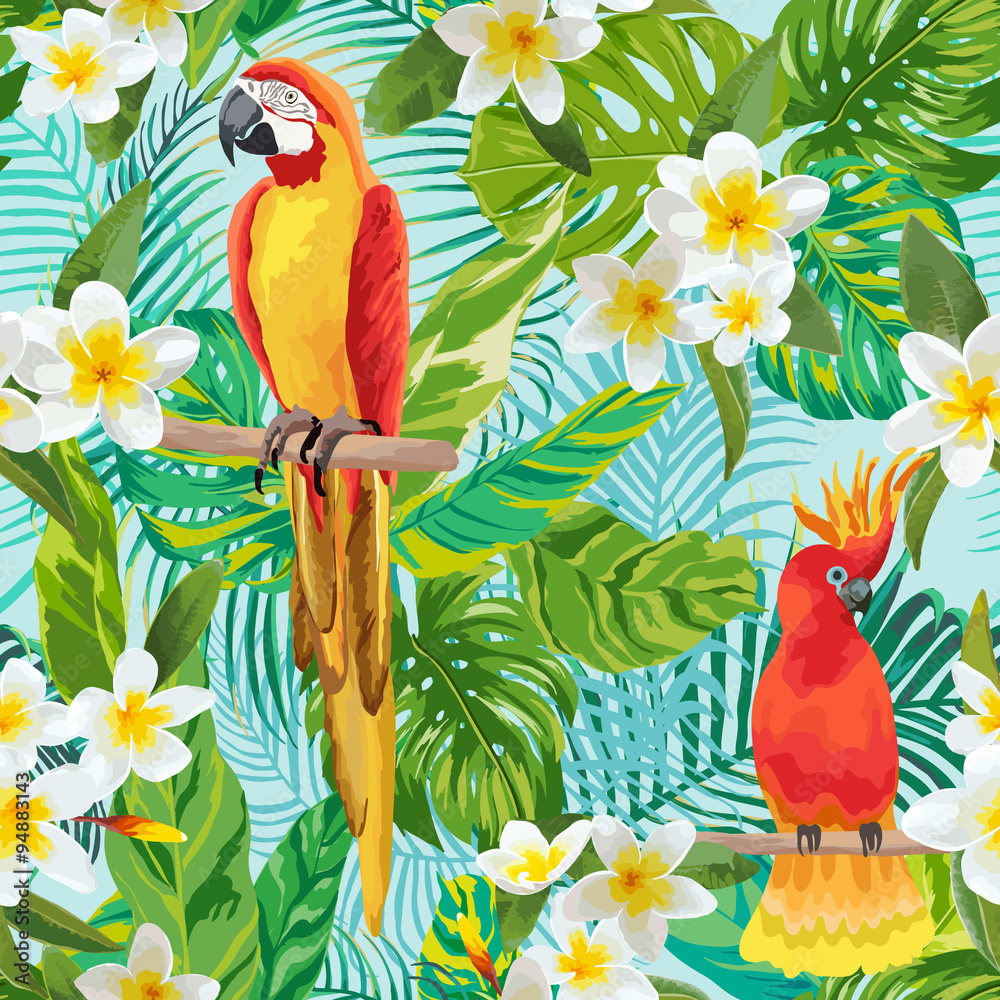 Fototapeta premium Tropical Flowers and Birds Background - Vintage Seamless Pattern