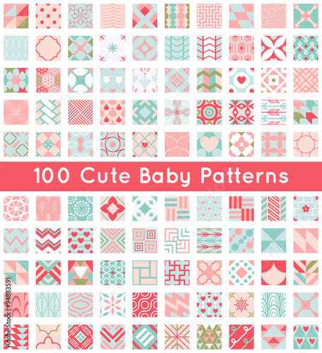 100 Cute baby seamless pattern. Retro pink, white and blue color