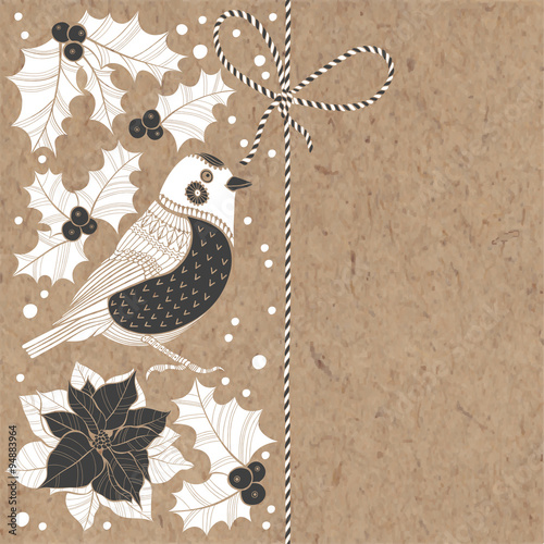 Christmas background with bullfinch, puansetiey and holly on kraft paper. 
