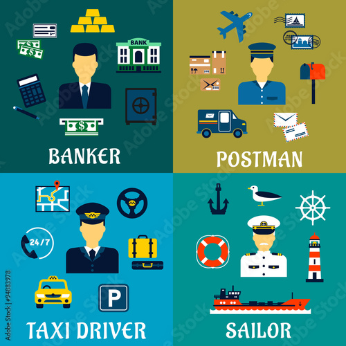 Banker, taxi driver, postman and sailor icons