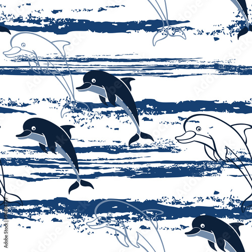 Seamless pattern with cartoon dolphins.
