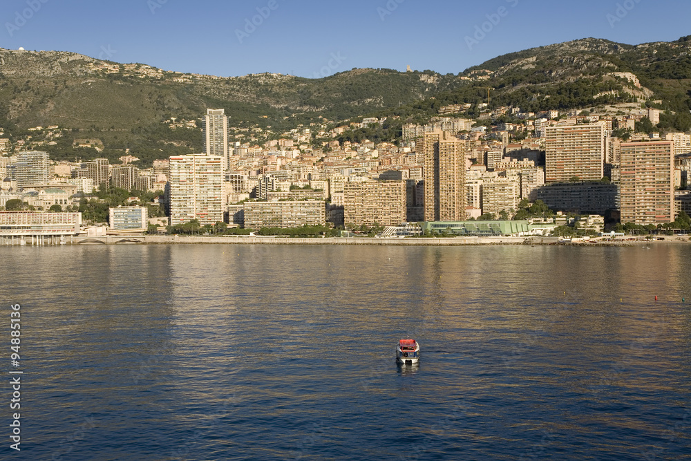 Seaside view of Monte-Carlo, the Principality of Monaco, Western Europe on the Mediterranean Sea