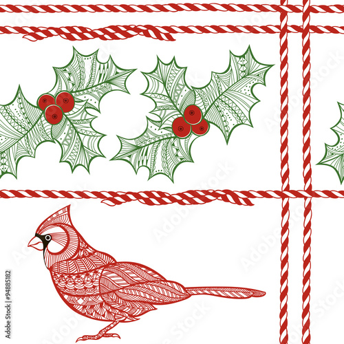 Vector seamless pattern with holly berry and  cardinal.