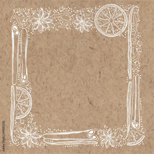 Vector frame with spices and orange slices on kraft paper background.