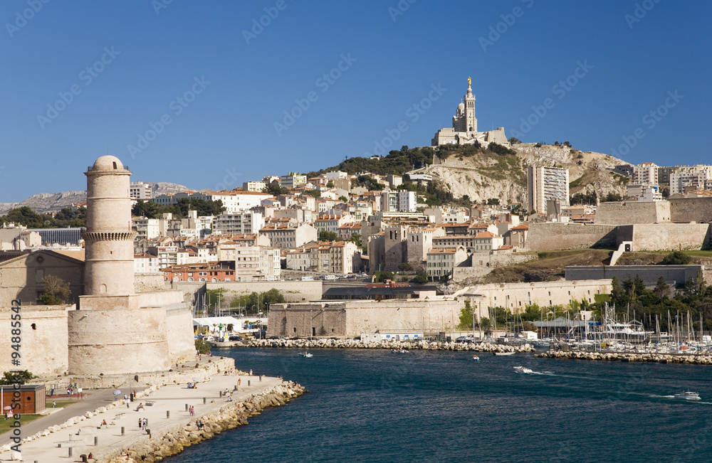 Fort Saint-Jean and old port of third largest city in France, Marseille, Provence, France on the Mediterranean Sea