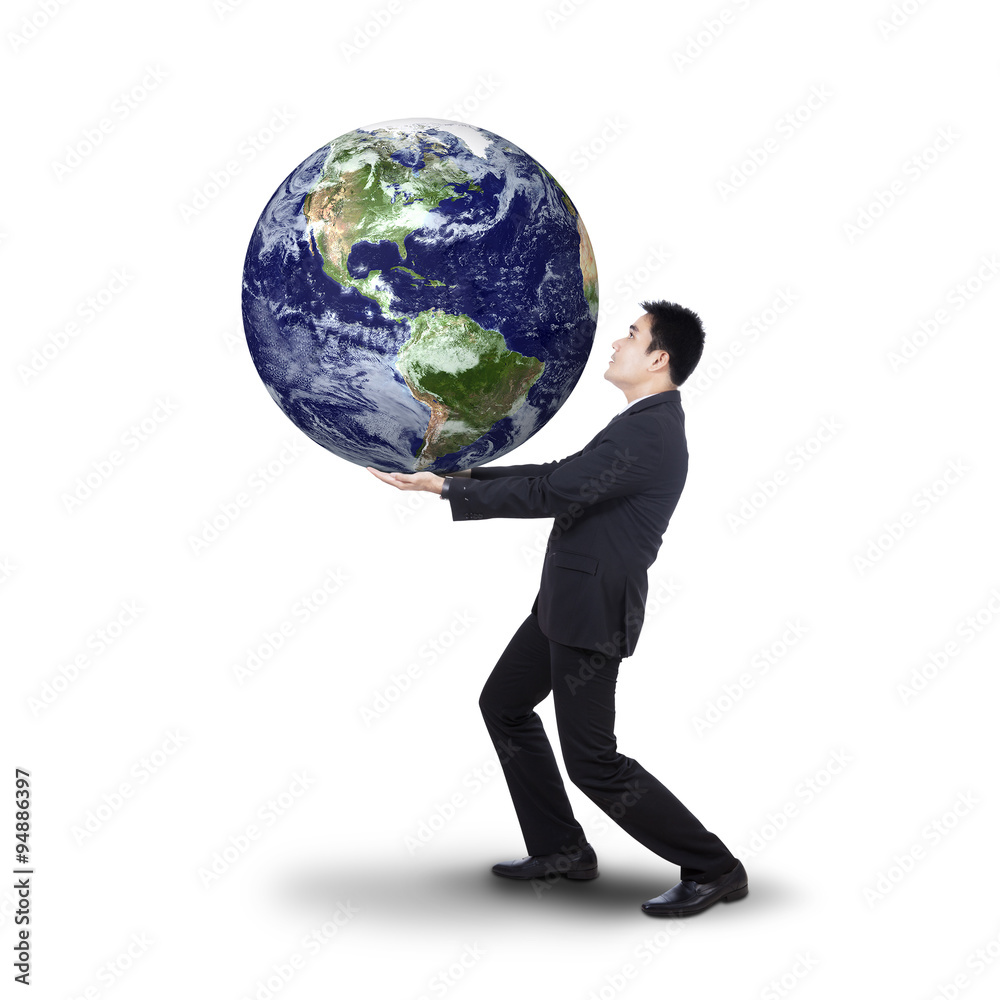 Successful businessman holding earth planet Successful businessman holding earth planet