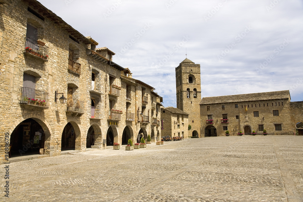 Plaza Mayor, in Ainsa, Huesca, Spain in Pyrenees Mountains, an old walled town with hilltop views of Cinca and Ara Rivers