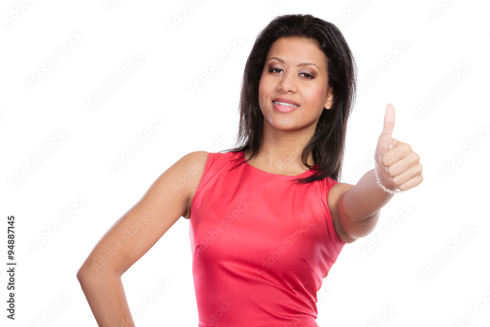 Mixed race woman giving thumb up gesture. Mixed race woman giving thumb up gesture.