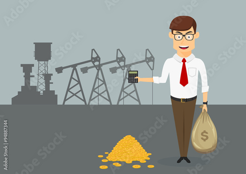 Rich businessman with money in front of oil pumps