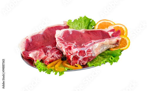 Fresh and raw meat ribs and pork chops isolated on white backgro