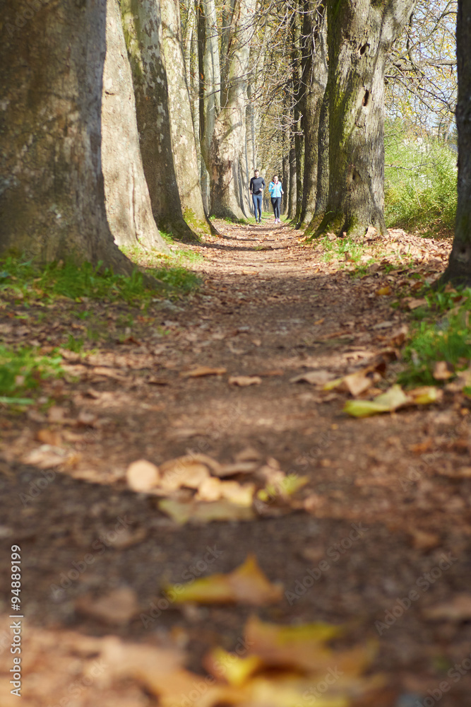 Young running couple jogging in autumn nature