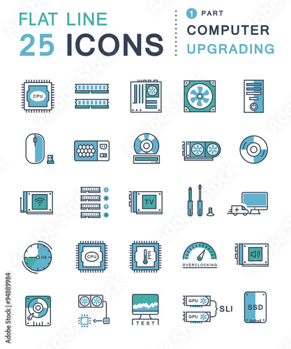 Set Vector Flat Line Icons Upgrading Computer