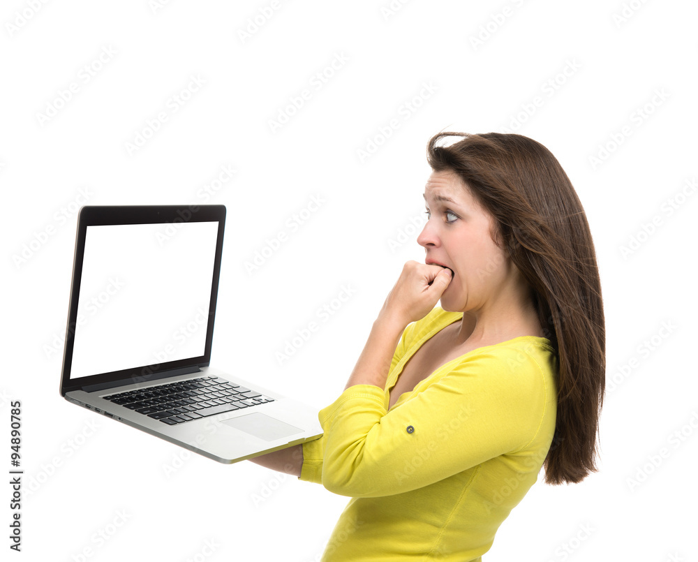 Young woman with new modern popular laptop keyboard with blank s Young woman with new modern popular laptop keyboard with blank s