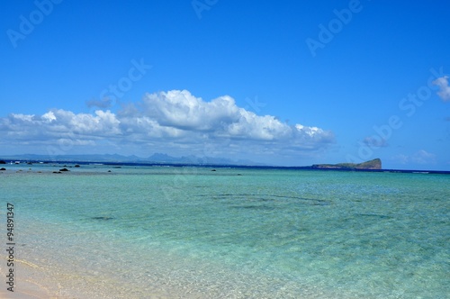 Sandy beach and whale mountain on Mauritius