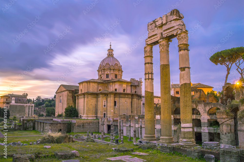 Roman Forum at dawn, Rome, Italy, with brick Curia and church 