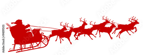 Rote Vektor Silhouette vom fliegenden Weihnachtsmann mit Rentierschlitten - Acht Rentiere im Gespann - Rot - Santa Claus - XMas - roter Schatten und weißer Hintergrund