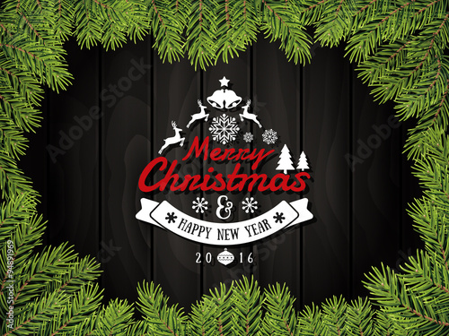 Merry Christmas and happy new year badge and background with green leaves border. Vector illustration