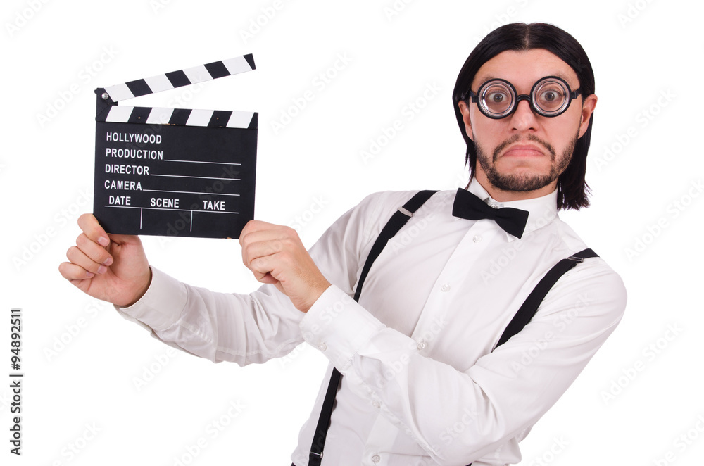 Young gentleman with clapperboard isolated on white Young gentleman with clapperboard isolated on white