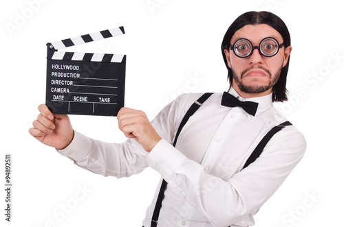 Young gentleman with clapperboard isolated on white