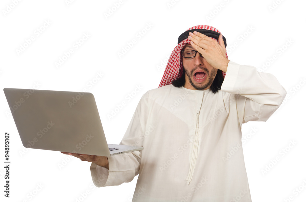 Arab man with laptop isolated on white Arab man with laptop isolated on white