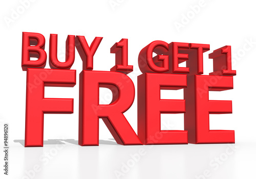 3d illustration - Buy 1 Get 1 free on white background