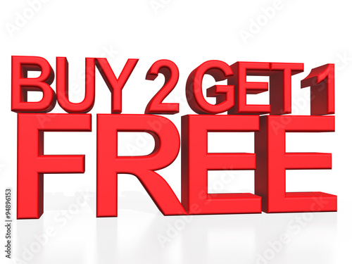 3d illustration - Buy 2 Get 1 free on white background