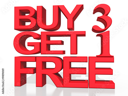 3d illustration - Buy 3 Get 1 free on white background