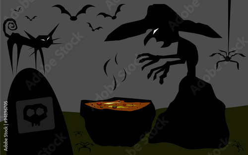 Ugly Witch preparing poison in the cemetery.