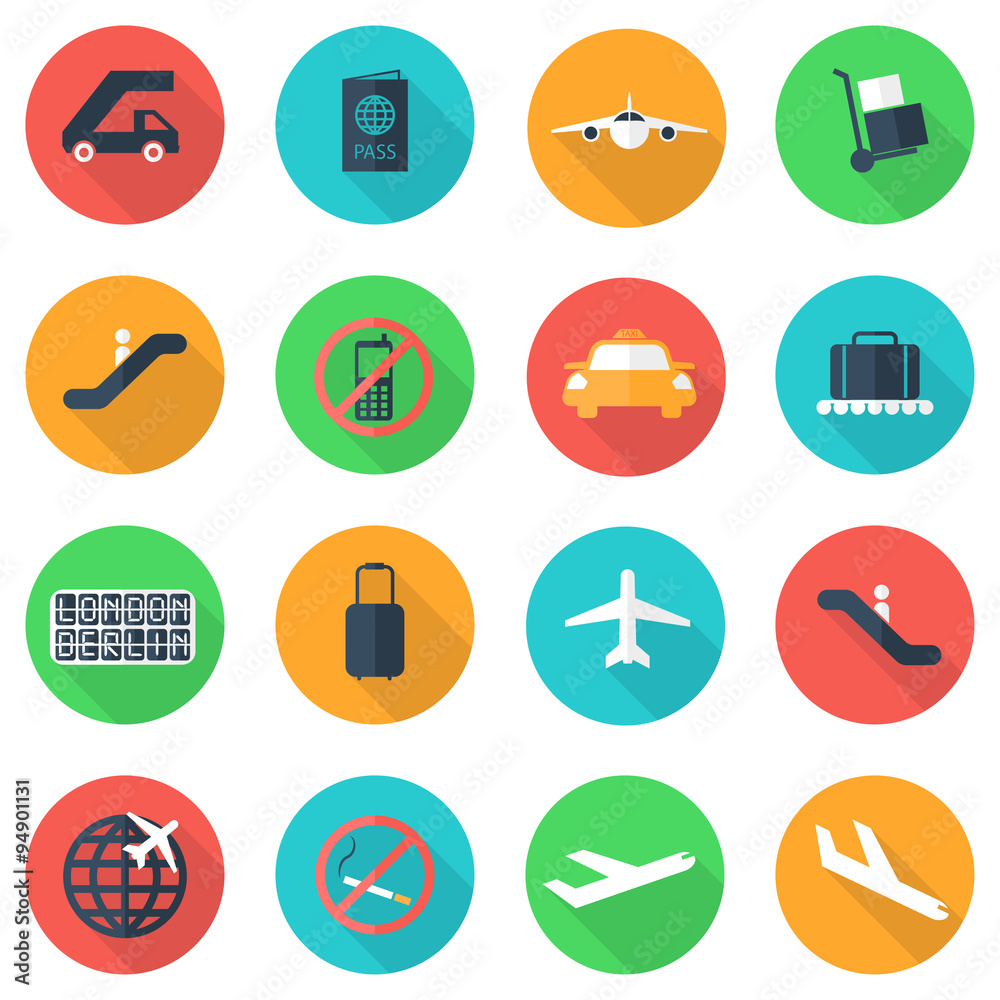 Vector flat airport icons set on color background. Airport and airlines services. Long shadow. Airport Icon Object, Airport Icon Picture, Airport Icon Image