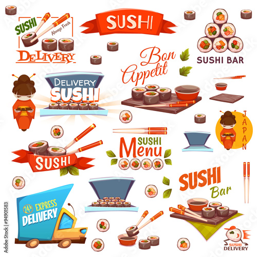Vector set with sushi banners, icons, logo and illustrations