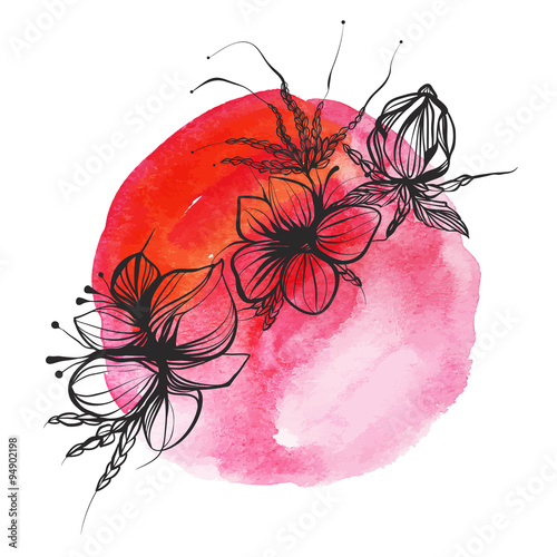 Flowers and feathers in boho style on watercolor background. 