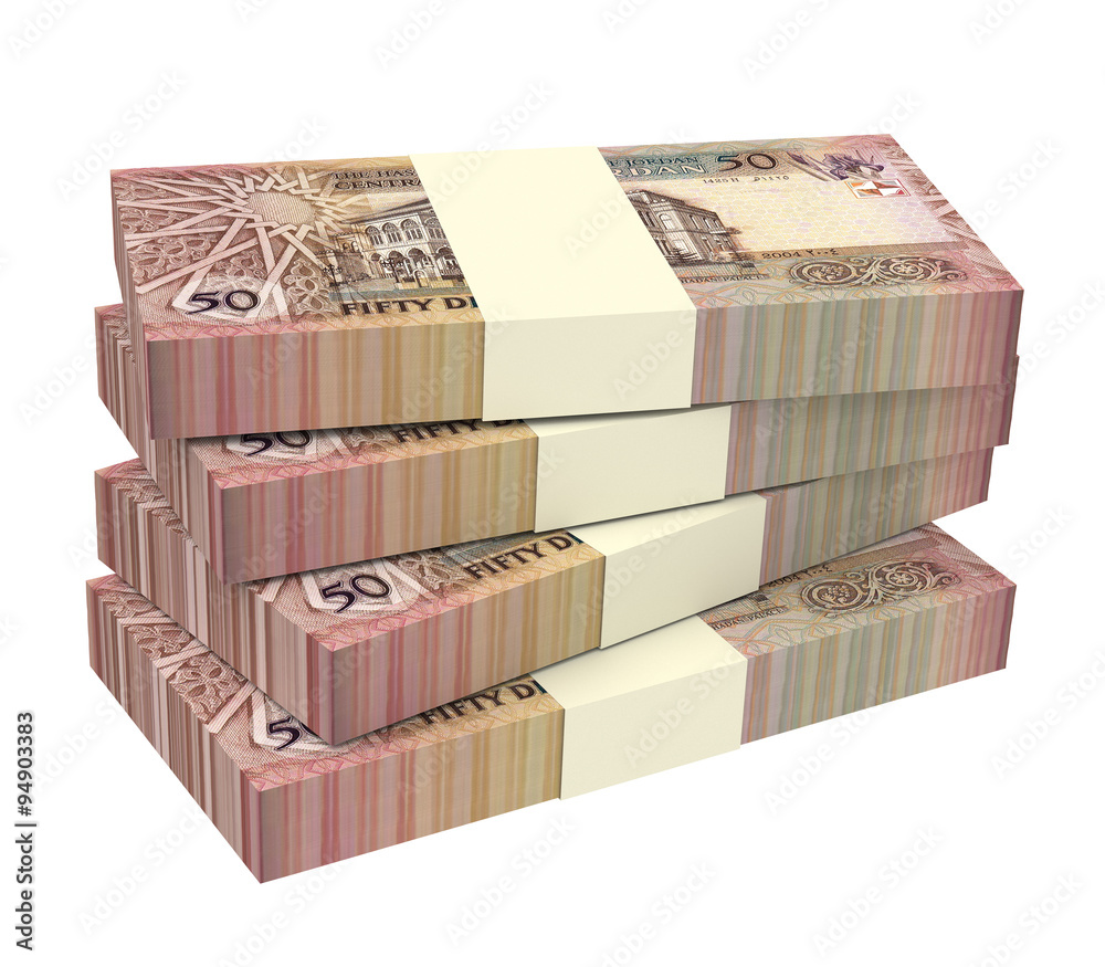 Jordan dinars bills isolated on white background. Computer generated 3D photo rendering.